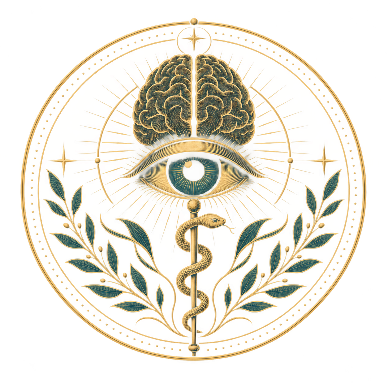 Gouden embleem met oog, brein en medische slang